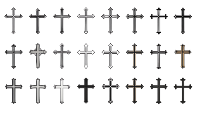 Twenty-four crosses in gray, white, black, and brown arranged in rows and columns on clean white background