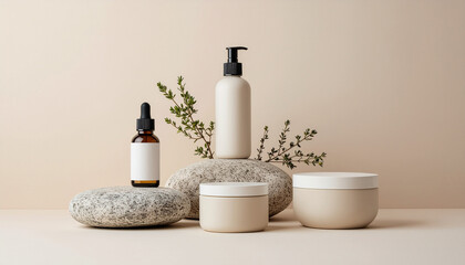 A tranquil, aesthetic display of blank cosmetic products (lotion, serum, cream) on natural rocks and beige background. Perfect for beauty and wellness branding.