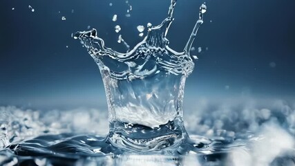 Dynamic Clear Water Splash Crown Formation with Droplets Against a Moody Blue Gradient Background and Soft Bokeh Lighting