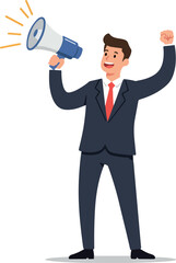 Fototapeta premium Man In Suit Holds Megaphone Announcing News Isolated Vector Flat Design