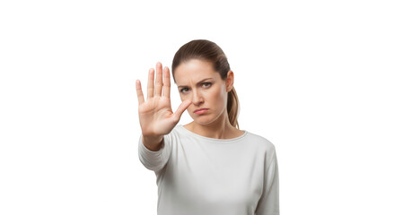 Woman holding up hand, isolated on transparent background