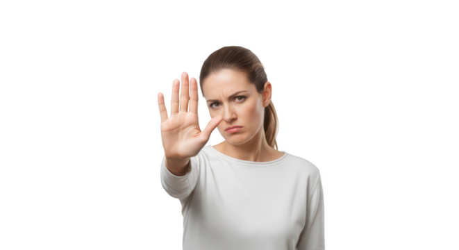 Woman holding up hand, isolated on transparent background