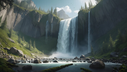 A scenic view of a waterfall cascading down rocks into a river surrounded by lush greenery and mountains krimmler zone 