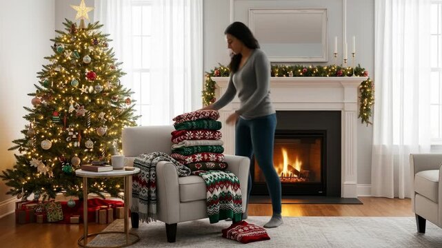 A person adds festive holiday sweaters to a growing stack near a decorated Christmas tree and fireplace