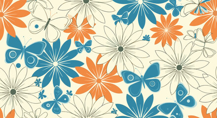 Retro floral pattern with blue and orange butterflies and daisies.