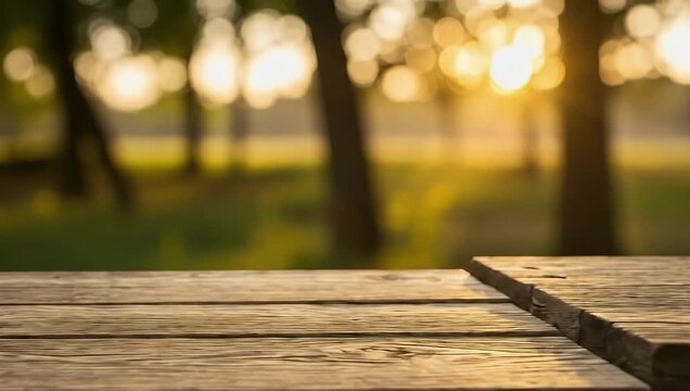 Golden Hour Picnic Table: Sunlit Wood Grain and Blurred Forest Backdrop Video