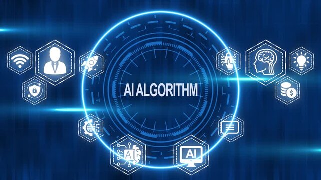 Animated illustration of artificial intelligence algorithm icons and conceptual design