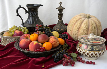 Autumn Fruit Background Autumn Thanksgiving Seasonal fruit Decorative Pumpkins Colorful Leaves