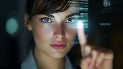 Young Woman Using Touchscreen Technology to Interact with Digital Data Screen Display in Modern Office Environment