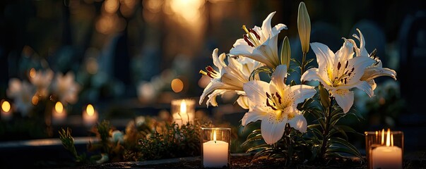 Fototapeta premium White lilies and candle at funeral sunset concept. Peaceful scene with lilies and candles at sunset in a garden.
