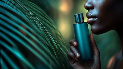 Elegant Woman Holding Fragrance Bottle Against Lush Green Background in Soft Natural Light