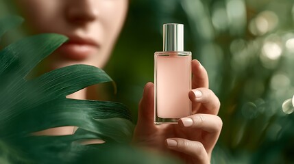 Elegant Woman Holding Fragrance Bottle Surrounded by Lush Green Leaves in a Natural Setting