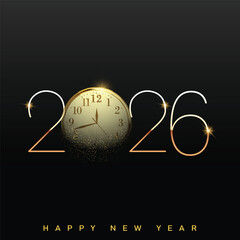 Elegant New Year 2026 line art clock with dissolving glitter. Vector