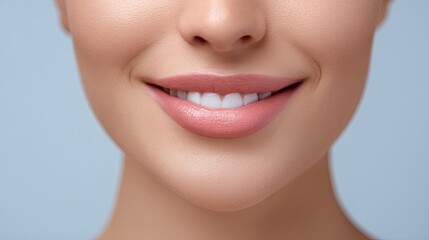 Obraz premium Close-Up of a Beautiful Smiling Woman with Perfectly White Teeth and Smooth Skin Against a Soft Blue Background Highlighting Oral Health and Beauty