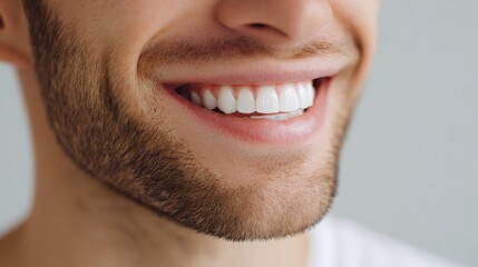 Obraz premium Close-Up of a Young Man Smiling Brightly with White Teeth, Capturing a Moment of Joy and Confidence in a Bright, Modern Indoor Setting