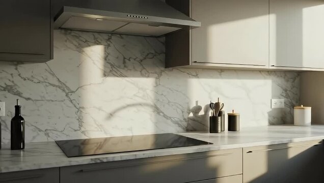 Modern Kitchen Interior with Marble Backsplash and Sleek Appliances in Natural Light
