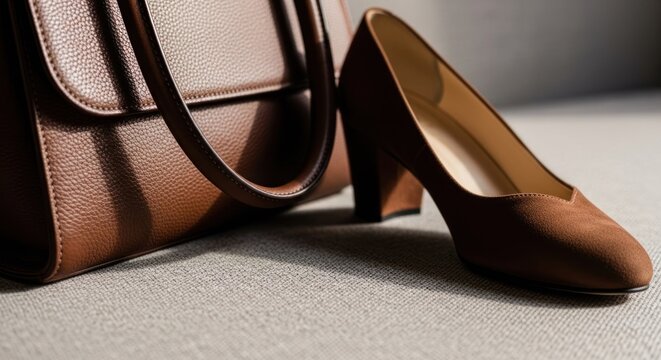 Brown leather handbag and heels - Powered by Adobe