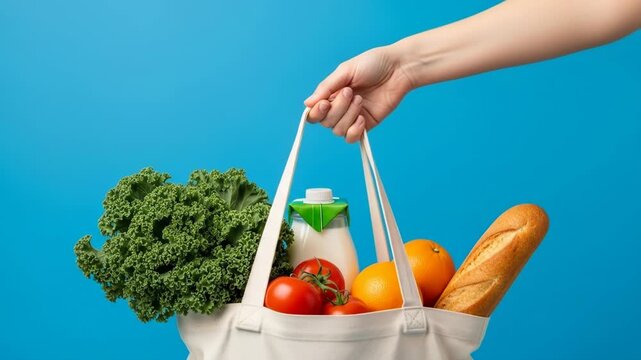Hand holding a reusable bag filled with fresh groceries, including kale, tomatoes, oranges, and bread