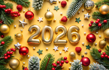 New Year 2026 background. Number of the coming year in Christmas decoration.