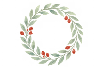 Watercolor wreath with green leaves and red berries for festive season greetings and celebrations