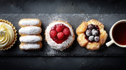 A variety of pastries and a cup of coffee on a dark background.