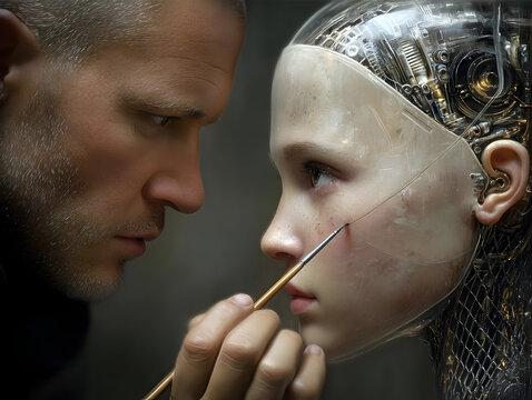 Skilled painter technician applying precise brush strokes, meticulously detailing humanoid robot face, revealing intricate human-machine creative connection - Powered by Adobe