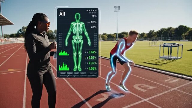 Sports coach using holographic tablet analyzing athlete performance data during track training