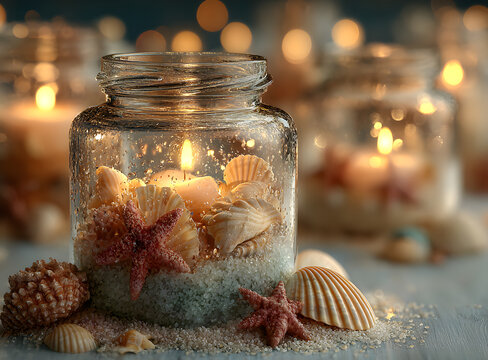 wax candles in jars with sea sand, sea shells. Marine style home accessories for beach themed interior decorating