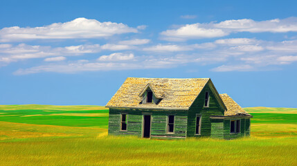 Abandoned Green Farmhouse in a Golden Field under a Blue Sky with Clouds, Rural Decay, Forgotten Homestead, Nostalgic Landscape, Farmhouse Architecture