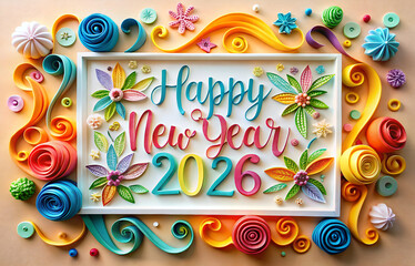 A colorful quilled paper art composition 2026 text