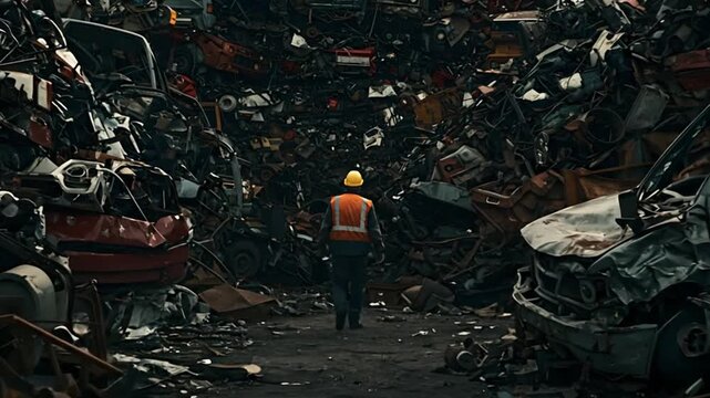 Industrial worker in safety gear navigating a scrap metal yard