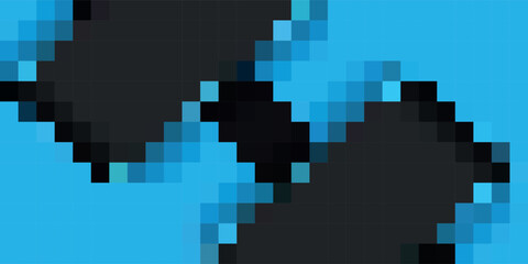 Fototapeta premium Abstract pixel art background featuring jagged black shapes on a vibrant blue canvas, creating a retro digital design.