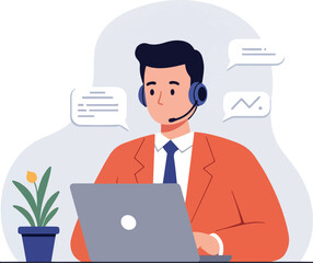 Man With Headset Working On Laptop Customer Service Flat Design