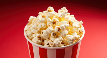 Popcorn in a red and white striped container