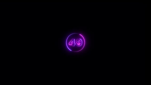 Abstract 49 text neon number animation on the black background. Glowing neon 49 number mathematics count text animation.