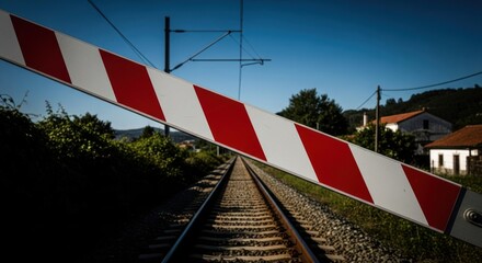 Railroad crossing barrier blocks the tracks.  A red and white striped barrier spans the railroad tracks, obscuring the perspective. 