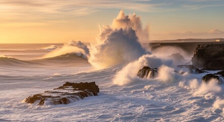 Powerful waves crashing against rocks at sunset