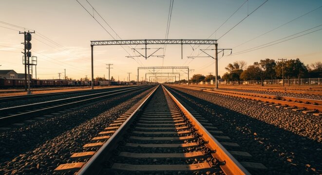 Railroad tracks stretching into the distance at sunset.  Metal supports for power lines run parallel to the tracks.  Gravel ballast fills the spaces between the rails.  A calm, open perspective