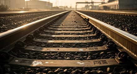 Railroad tracks extending into a hazy industrial sunrise