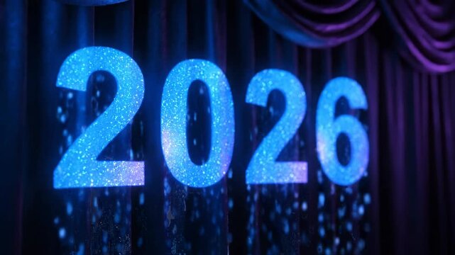 Sparkling blue numbers representing year two zero twenty six against dark purple curtain background for celebration