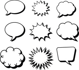 Nine Black and White Comic Speech Bubbles and Starbursts talk bubble thought bubble