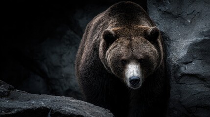 Fototapeta premium A large brown bear standing in front of a dark, rocky background.