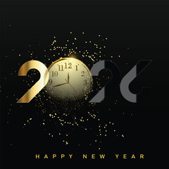 Elegant New Year 2026 line art clock with dissolving glitter. Vector