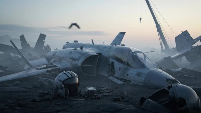 Wrecked fighter jet aircraft and helmet in battlefield ruins, war aftermath concept.
