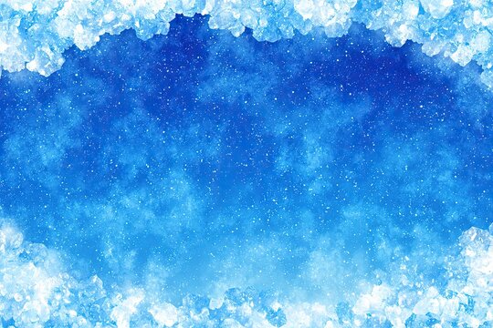 A vibrant blue background framed by jagged ice, creating a cool and refreshing visual effect that evokes feelings of winter and tranquility.