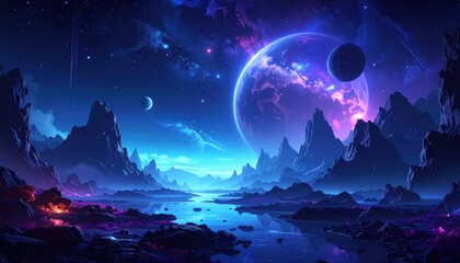 This captivating fantasy landscape depicts an otherworldly scene, featuring a vibrant blue and purple space with colossal planets and celestial bodies, along with silhouetted mountain ranges and...