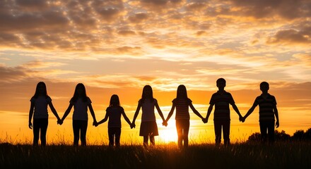 Warm silhouettes of children holding hands at sunset, a joyful scene reflecting unity, friendship, and the hopeful spirit of Children day