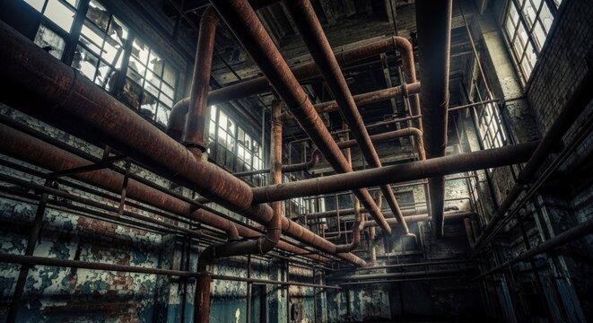 Rusty industrial pipes crisscross a decaying factory interior