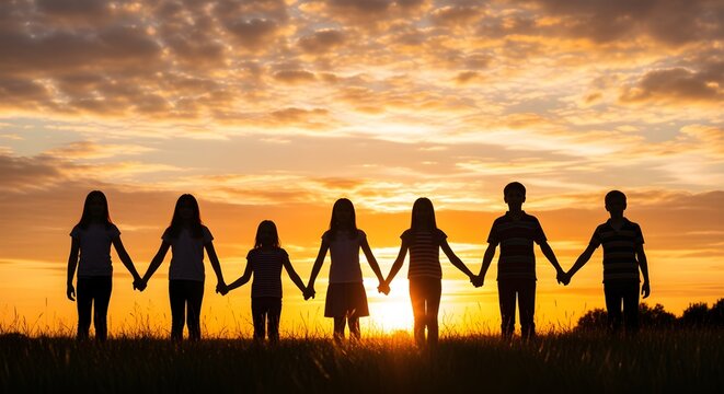 Warm silhouettes of children holding hands at sunset, a joyful scene reflecting unity, friendship, and the hopeful spirit of Children day