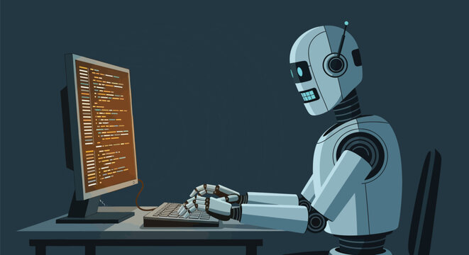 Futuristic robot diligently coding complex algorithms on a glowing computer screen in a dimly lit modern workspace